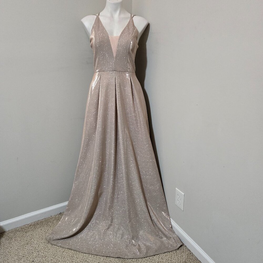 13 (fits 10ish) Crystal Doll Blush (Pink? Rose Gold?) Glitter Plunge Gown Dress